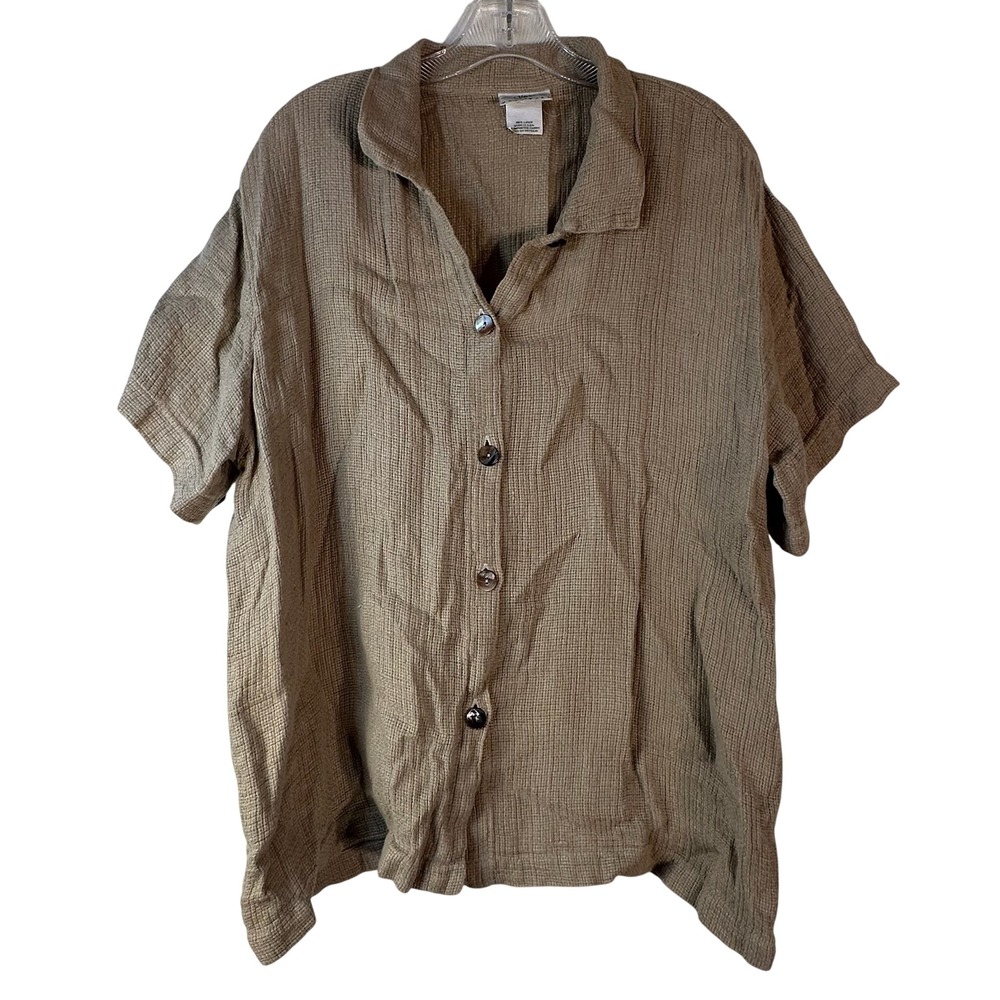 Hot Cotton by Marc Ware Womens Medium Tan 100% Linen Textured Button Down Shirt